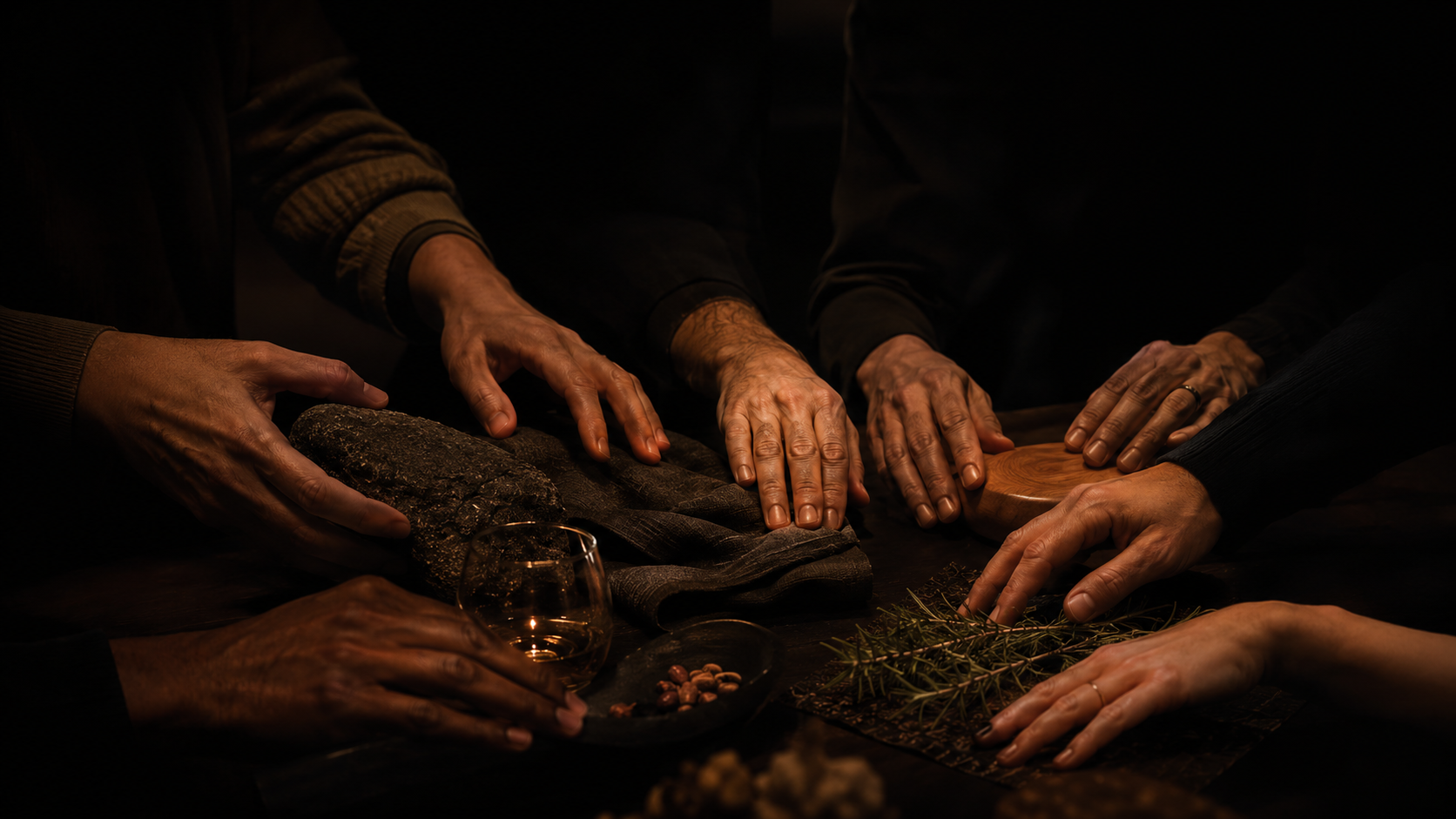 Mani di un gruppo esplorano insieme tessuti, legno, erbe aromatiche e altri oggetti tattili in un ambiente buio.