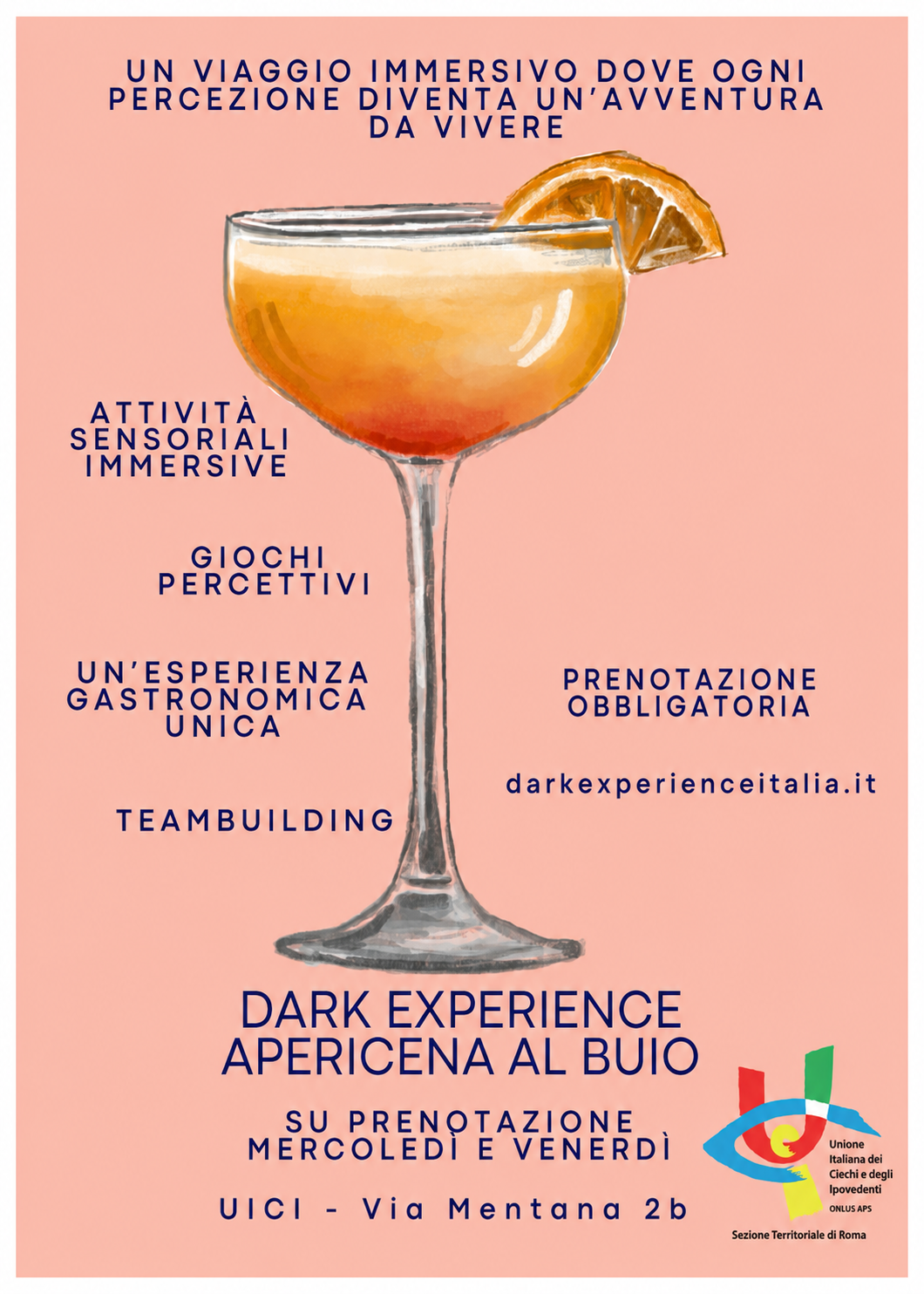 Locandina dell’apericena al buio: attività sensoriali immersive, giochi percettivi, esperienza gastronomica e team building.