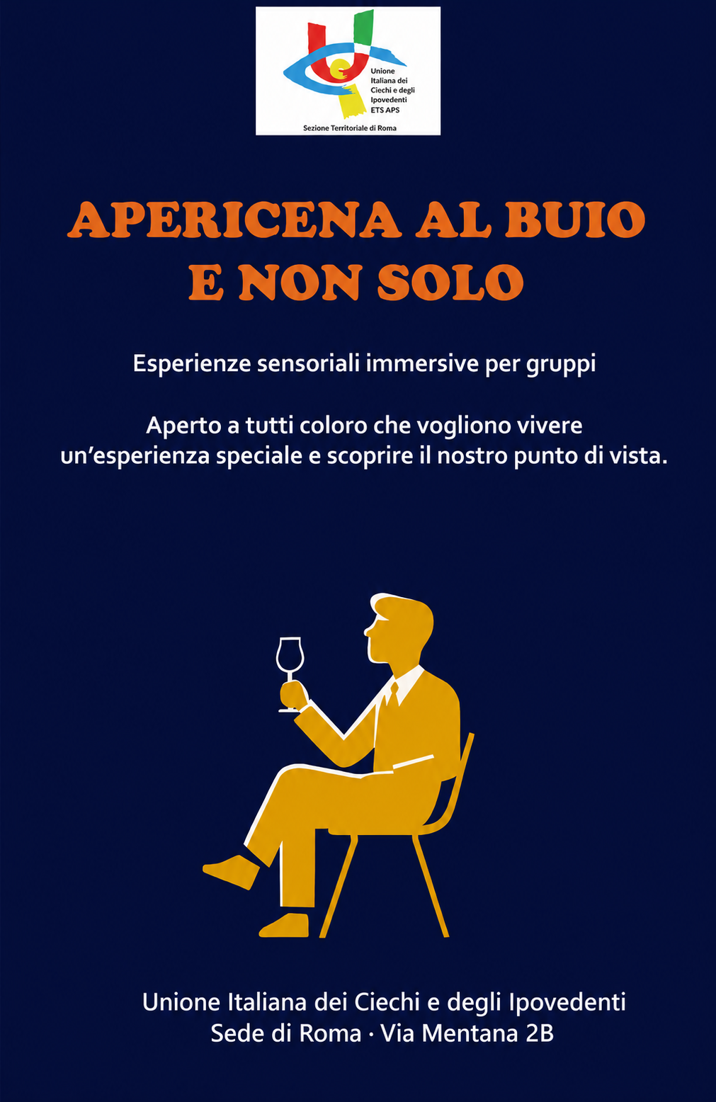Vecchia locandina dell’apericena al buio, ripubblicata senza data, prezzo, nominativi o contatti personali.